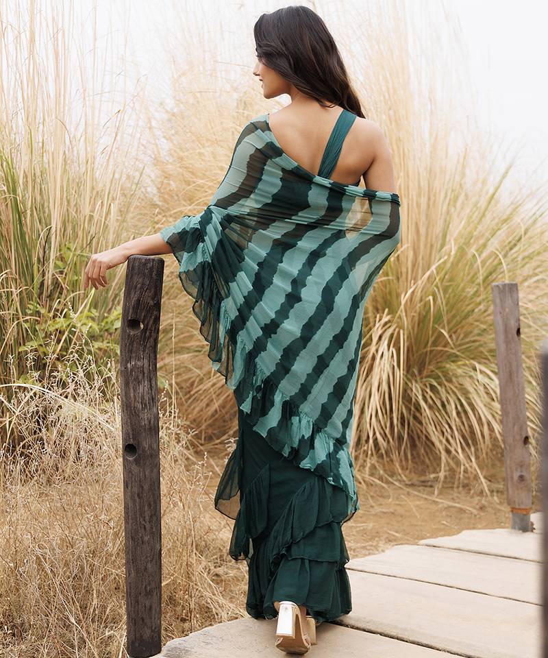Green ruffled pre-stitched leheriya chiffon saree