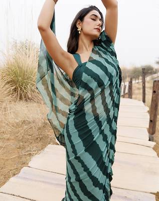 Green ruffled pre-stitched leheriya chiffon saree 2