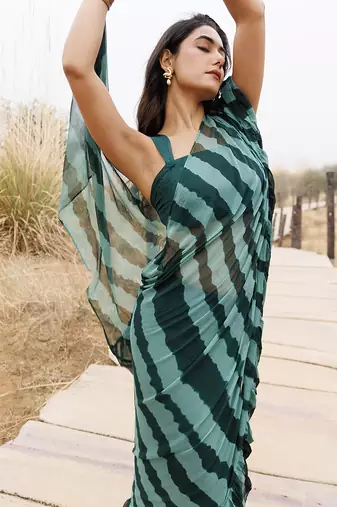Green ruffled pre-stitched leheriya chiffon saree