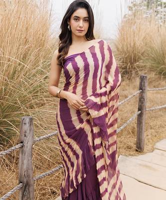 wine & beige ruffled pre-stitched leheriya chiffon saree 1