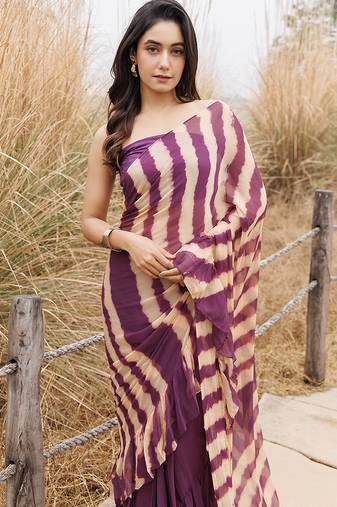wine & beige ruffled pre-stitched leheriya chiffon saree