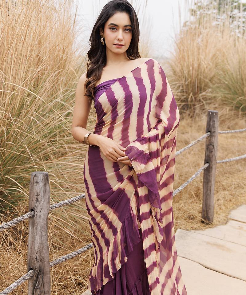 wine & beige ruffled pre-stitched leheriya chiffon saree
