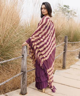 wine & beige ruffled pre-stitched leheriya chiffon saree 2