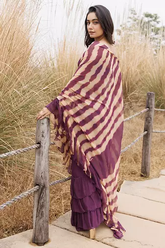 wine & beige ruffled pre-stitched leheriya chiffon saree