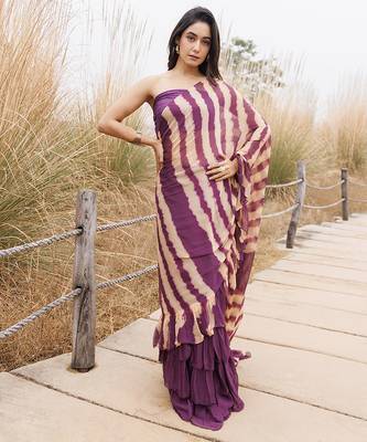 wine & beige ruffled pre-stitched leheriya chiffon saree 3