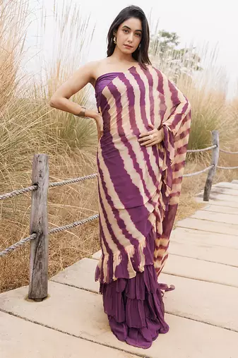 wine & beige ruffled pre-stitched leheriya chiffon saree