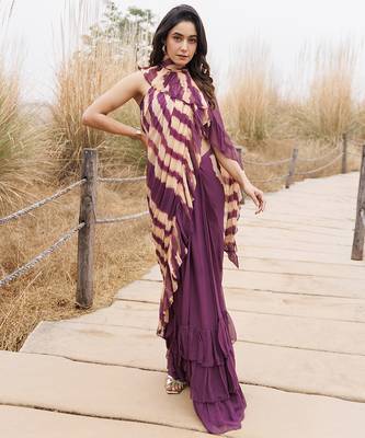 wine & beige ruffled pre-stitched leheriya chiffon saree 4
