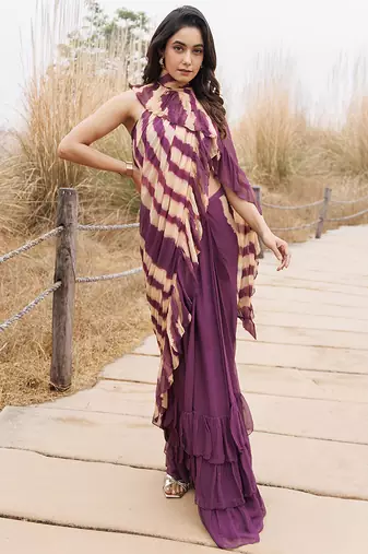 wine & beige ruffled pre-stitched leheriya chiffon saree