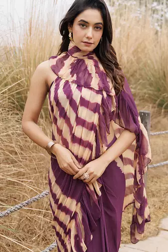 wine & beige ruffled pre-stitched leheriya chiffon saree