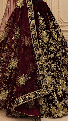 Dark Maroon Color Flower Fancy Embroidered With Sequence Work,Zari And Thread Embroidered Velvet Lehanga Choli 3