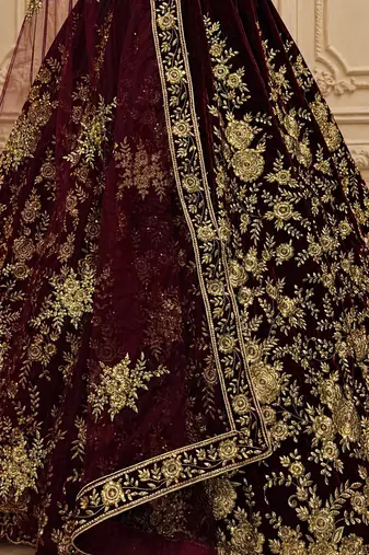Dark Maroon Color Flower Fancy Embroidered With Sequence Work,Zari And Thread Embroidered Velvet Lehanga Choli