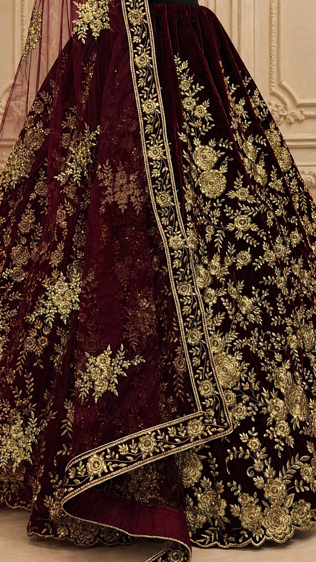 Dark Maroon Flower Fancy Embroidered With Sequin Zari And Thread Embroidered Velvet Lehanga Choli