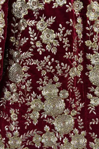 Dark Maroon Color Flower Fancy Embroidered With Sequence Work,Zari And Thread Embroidered Velvet Lehanga Choli