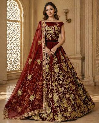 Maroon Color Flower Fancy Embroidered With Sequence Work,Zari And Thread Embroidered Velvet Lehanga Choli 1