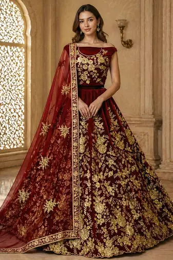 Maroon Flower Fancy Embroidered With Sequin Zari And Thread Embroidered Velvet Lehanga Choli