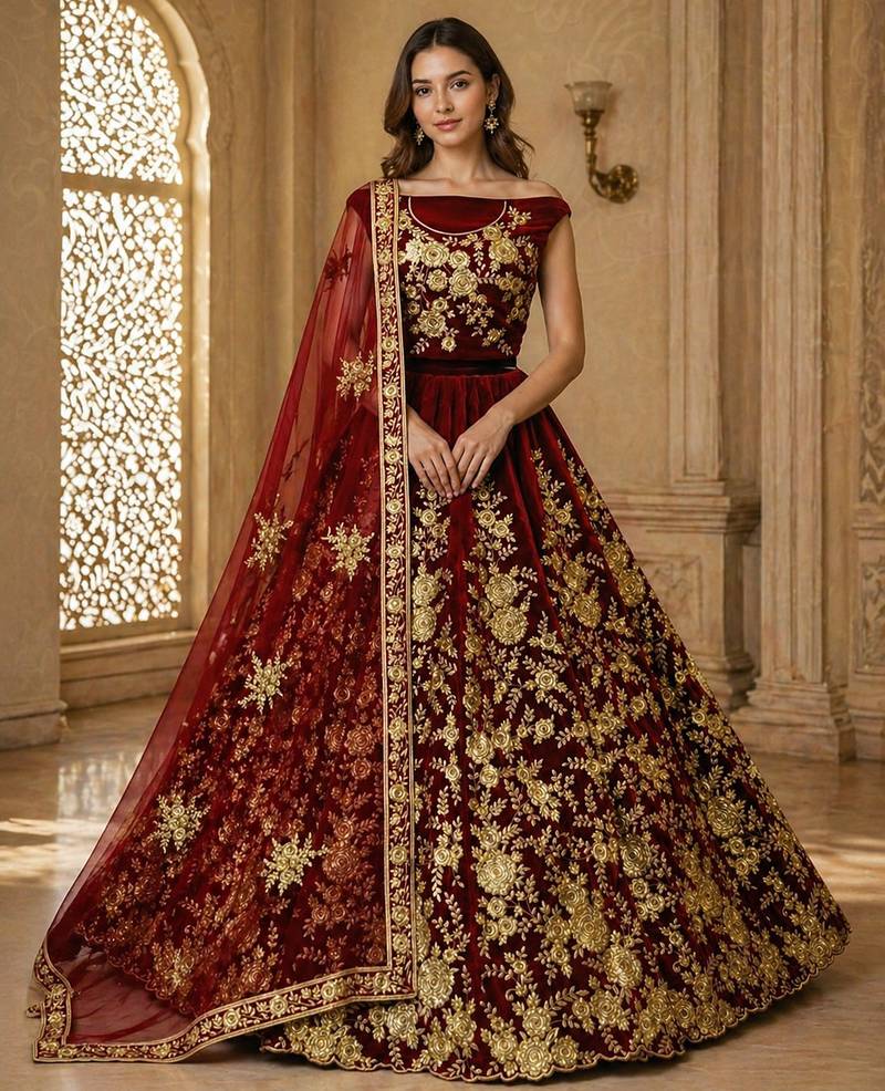 Maroon Flower Fancy Embroidered With Sequin Zari And Thread Embroidered Velvet Lehanga Choli