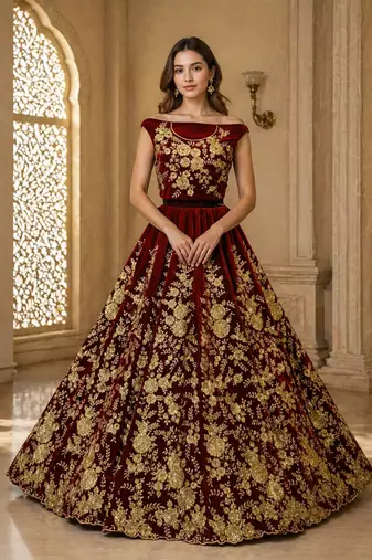 Maroon Color Flower Fancy Embroidered With Sequence Work,Zari And Thread Embroidered Velvet Lehanga Choli