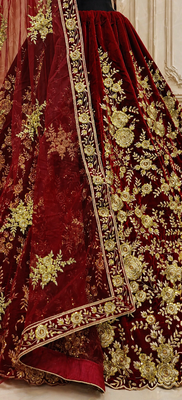 Maroon Color Flower Fancy Embroidered With Sequence Work,Zari And Thread Embroidered Velvet Lehanga Choli 3