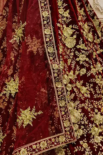 Maroon Color Flower Fancy Embroidered With Sequence Work,Zari And Thread Embroidered Velvet Lehanga Choli