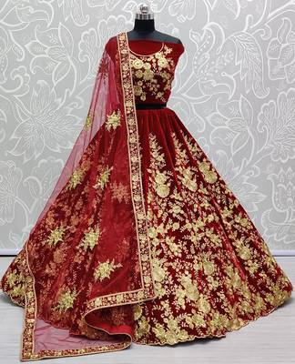Maroon Color Flower Fancy Embroidered With Sequence Work,Zari And Thread Embroidered Velvet Lehanga Choli 4