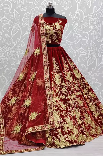 Maroon Color Flower Fancy Embroidered With Sequence Work,Zari And Thread Embroidered Velvet Lehanga Choli