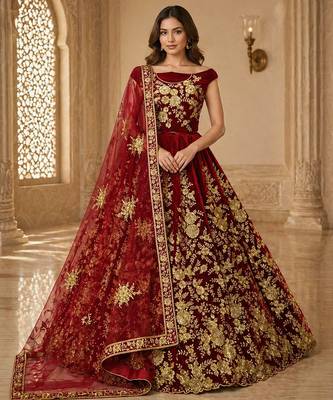 Red Color Flower Fancy Embroidered With Sequence Work,Zari And Thread Embroidered Velvet Lehanga Choli 1