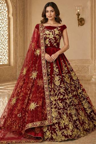 Red Flower Fancy Embroidered With Sequin Zari And Thread Embroidered Velvet Lehanga Choli