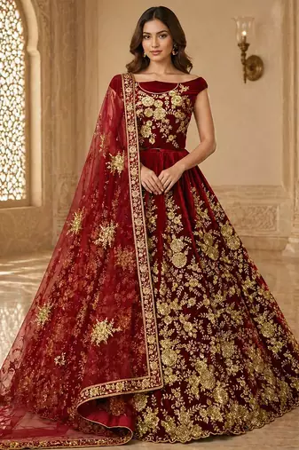 Red Flower Fancy Embroidered With Sequin Zari And Thread Embroidered Velvet Lehanga Choli
