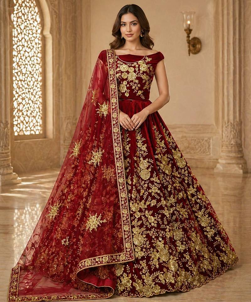 Red Flower Fancy Embroidered With Sequin Zari And Thread Embroidered Velvet Lehanga Choli