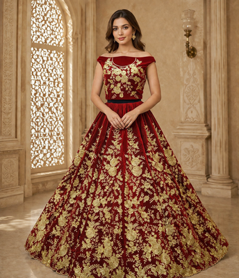 Red Color Flower Fancy Embroidered With Sequence Work,Zari And Thread Embroidered Velvet Lehanga Choli 2