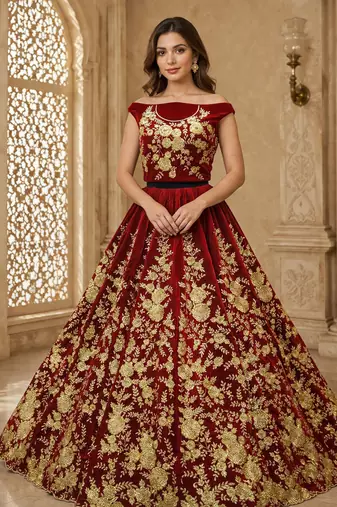 Red Color Flower Fancy Embroidered With Sequence Work,Zari And Thread Embroidered Velvet Lehanga Choli