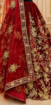 Red Color Flower Fancy Embroidered With Sequence Work,Zari And Thread Embroidered Velvet Lehanga Choli 3