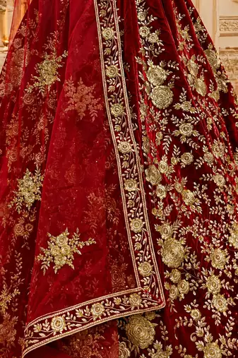 Red Color Flower Fancy Embroidered With Sequence Work,Zari And Thread Embroidered Velvet Lehanga Choli