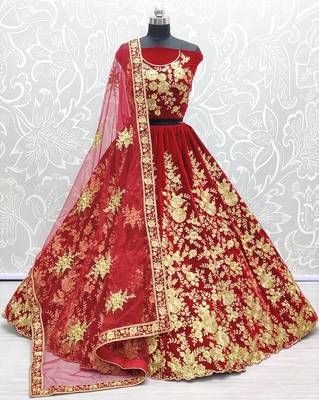 Red Color Flower Fancy Embroidered With Sequence Work,Zari And Thread Embroidered Velvet Lehanga Choli 4