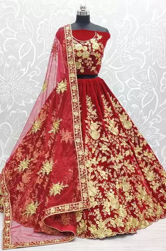 Red Color Flower Fancy Embroidered With Sequence Work,Zari And Thread Embroidered Velvet Lehanga Choli