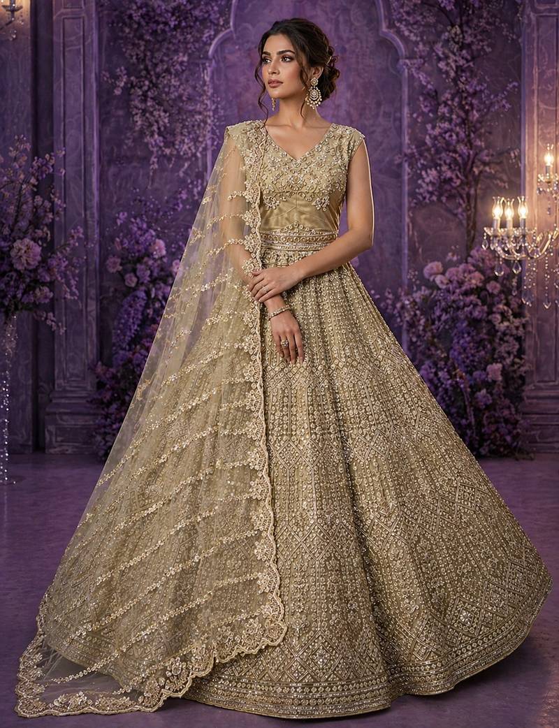 Golden Detailed HandWith Motif HandAnd Crystal Pipe Sequins And Thread Net Lehanga Choli