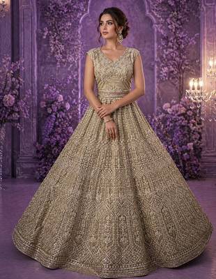 Golden Color Detailed Handwork With Motif Handwork And Crystal Pipe Work,Sequins And Thread Work Net Lehanga Choli 2