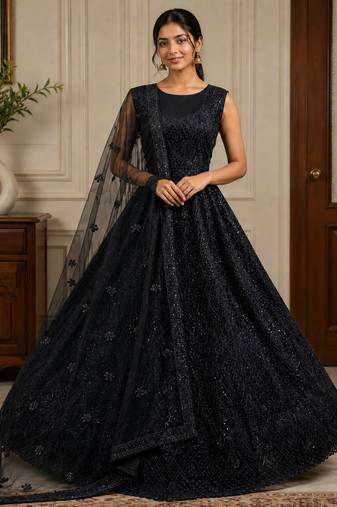 Black Color Embroidery,Sequins,Pati,Dori And Zircon Diamond Work Net Lehenga choli