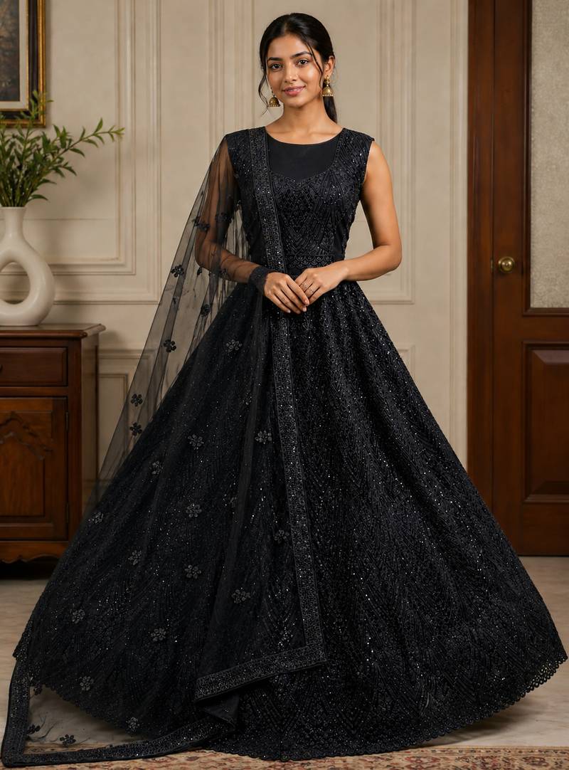 Black Embroidery Sequins Pati Dori And Zircon Net Lehenga choli