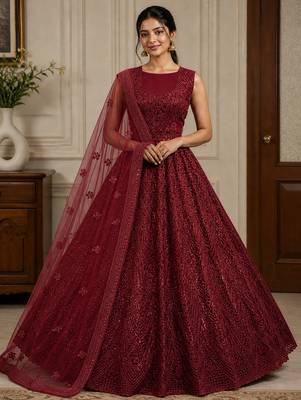 Red Color Embroidery,Sequins,Pati,Dori And Zircon Diamond Work Net Lehenga choli 1