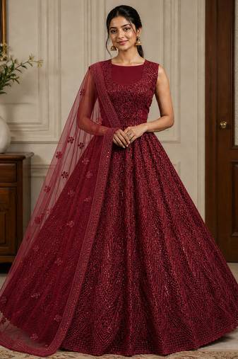 Red Embroidery Sequins Pati Dori And Zircon Net Lehenga choli