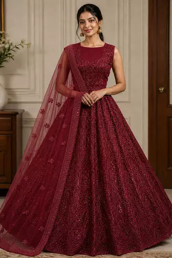 Red Embroidery Sequins Pati Dori And Zircon Net Lehenga choli