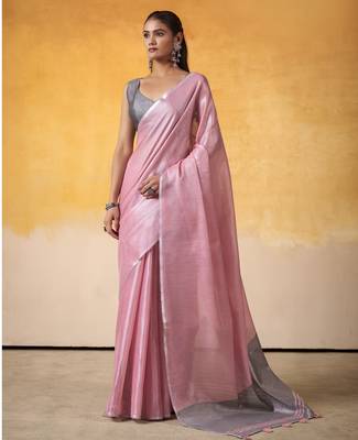 PINK tissue silk blend saree with contrast border & matching blouse 1