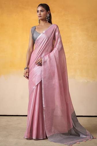 PINK tissue silk blend saree with contrast border & matching blouse