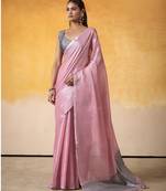 PINK tissue silk blend saree with contrast border & matching blouse