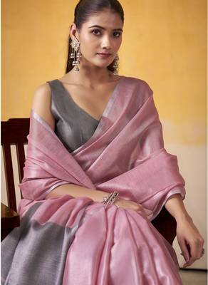 PINK tissue silk blend saree with contrast border & matching blouse 2