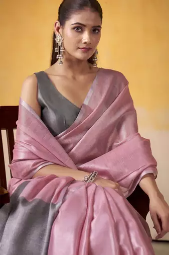 PINK tissue silk blend saree with contrast border & matching blouse
