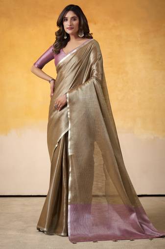 GOLDEN tissue silk blend saree with contrast border & matching blouse