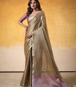 GOLDEN tissue silk blend saree with contrast border & matching blouse