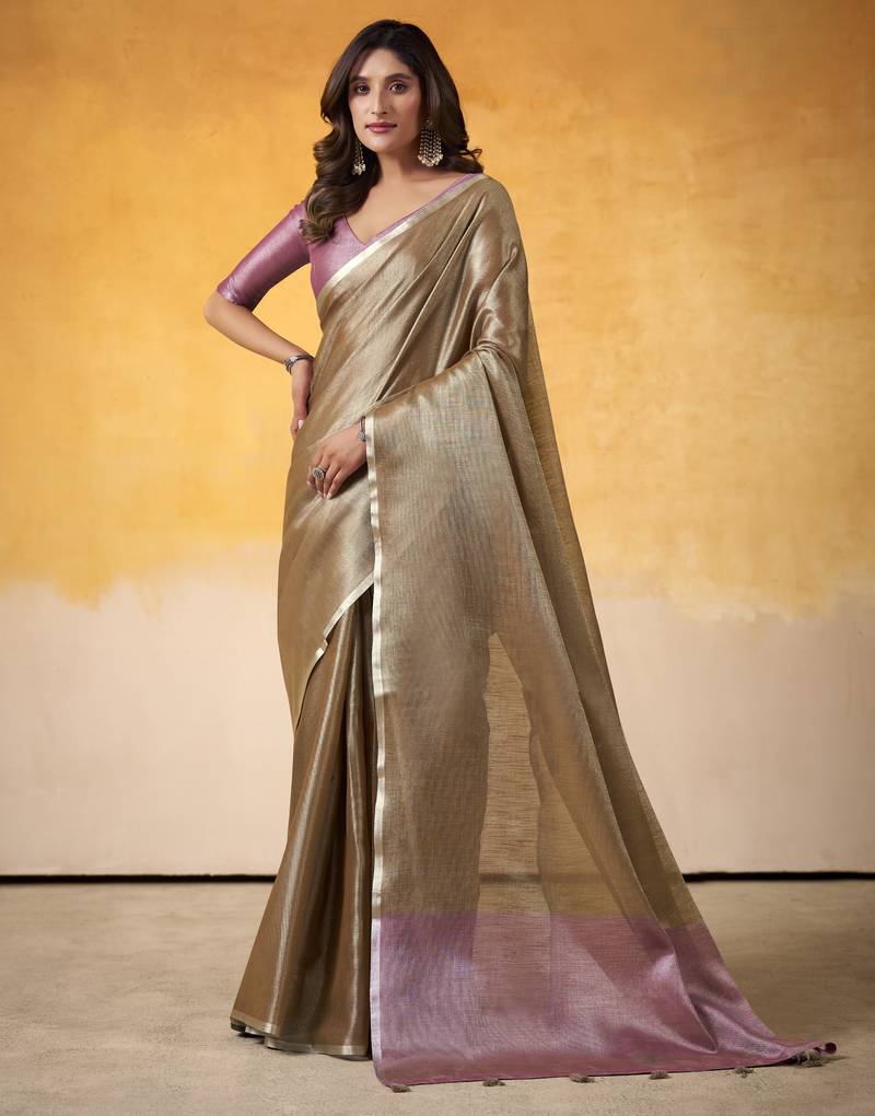 GOLDEN tissue silk blend saree with contrast border & matching blouse